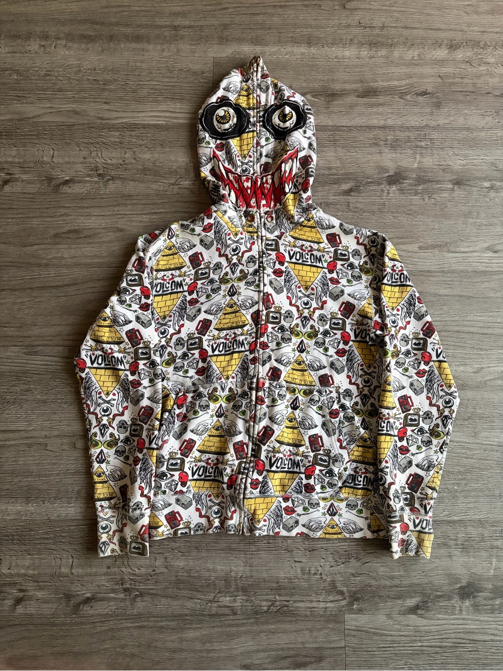 Vintage volcom White Graphic Zip Hoodie with Yellow & Red Accents